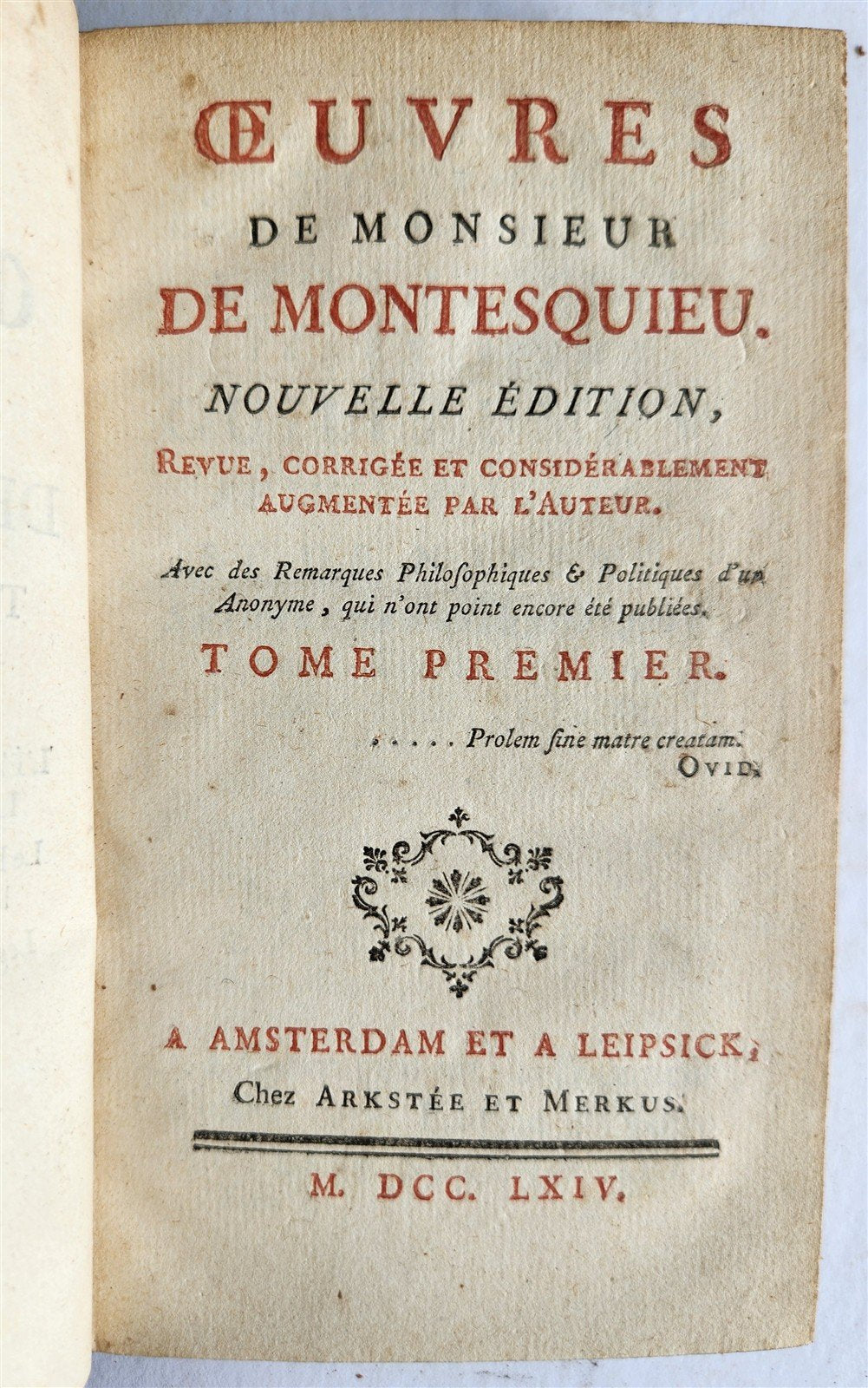 1764 OEUVRES de Monsieur de MONTESQUIEU 6 VOLUMES SET in FRENCH ANTIQUE