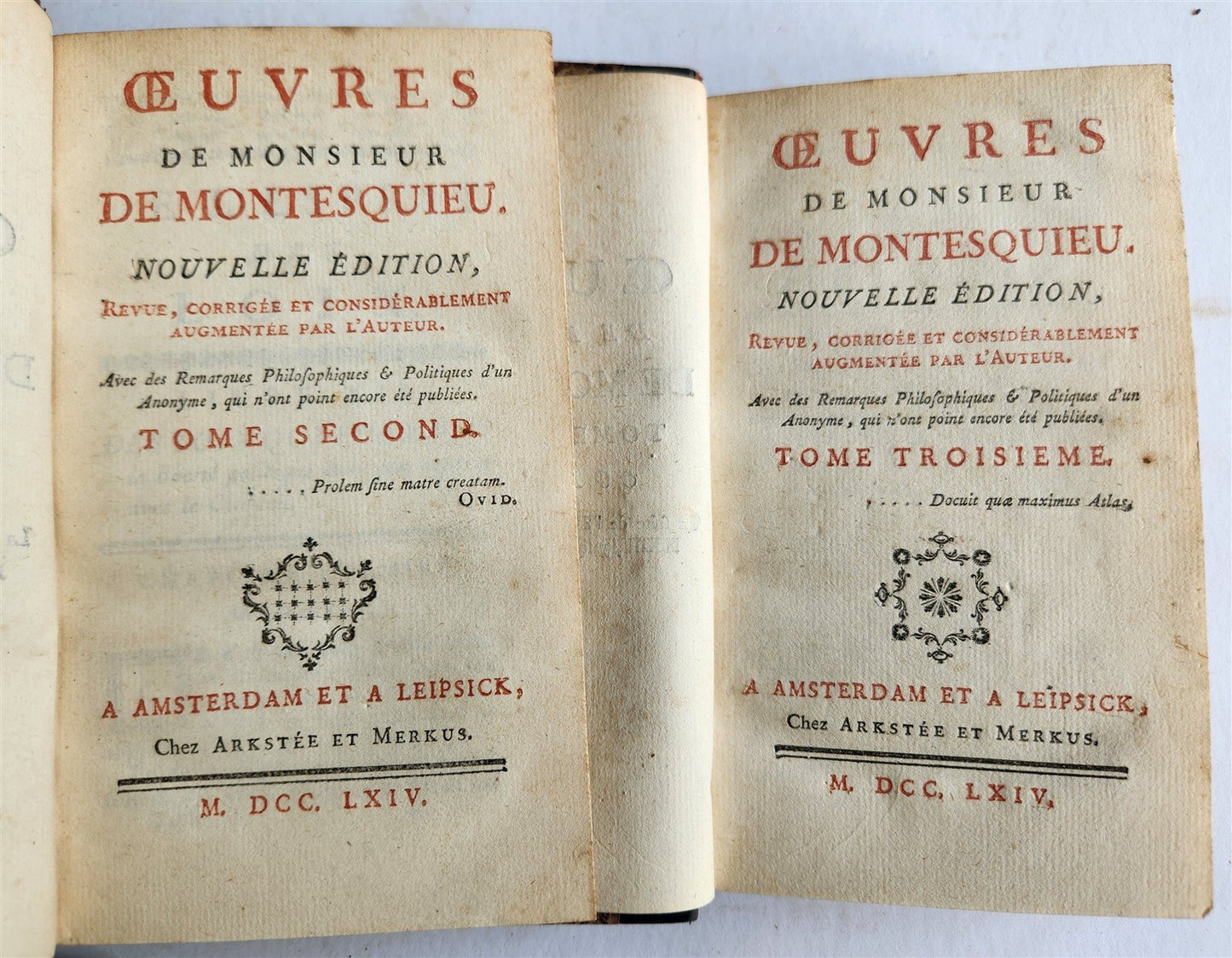 1764 OEUVRES de Monsieur de MONTESQUIEU 6 VOLUMES SET in FRENCH ANTIQUE