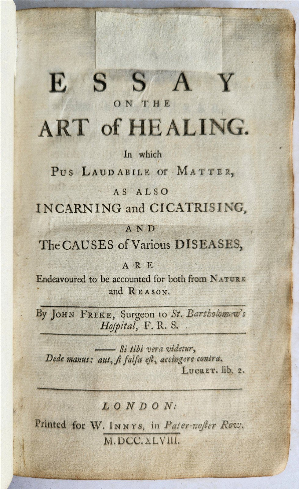 1748 Essay on the Art of Healing by John Freke ANTIQUE in ENGLISH