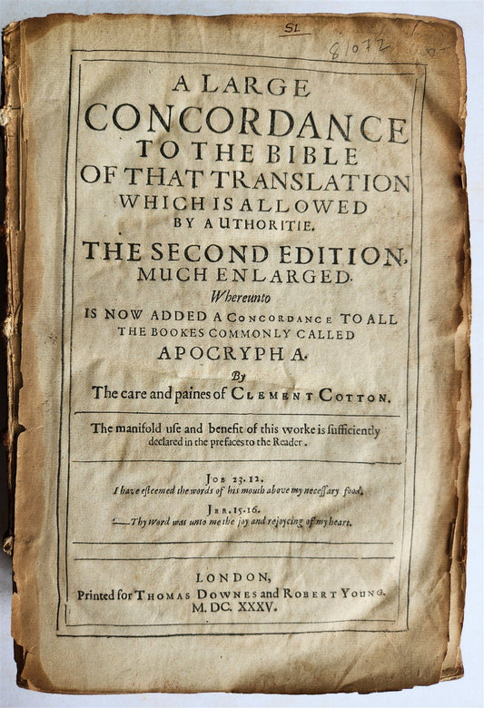 1635 BIBLE CONCORDANCE in ENGLISH by Clement Cotton ANTIQUE