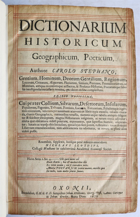 1671 ESTIENNE Dictionarium Historicum, Geographicum, Poeticum. antique in LATIN