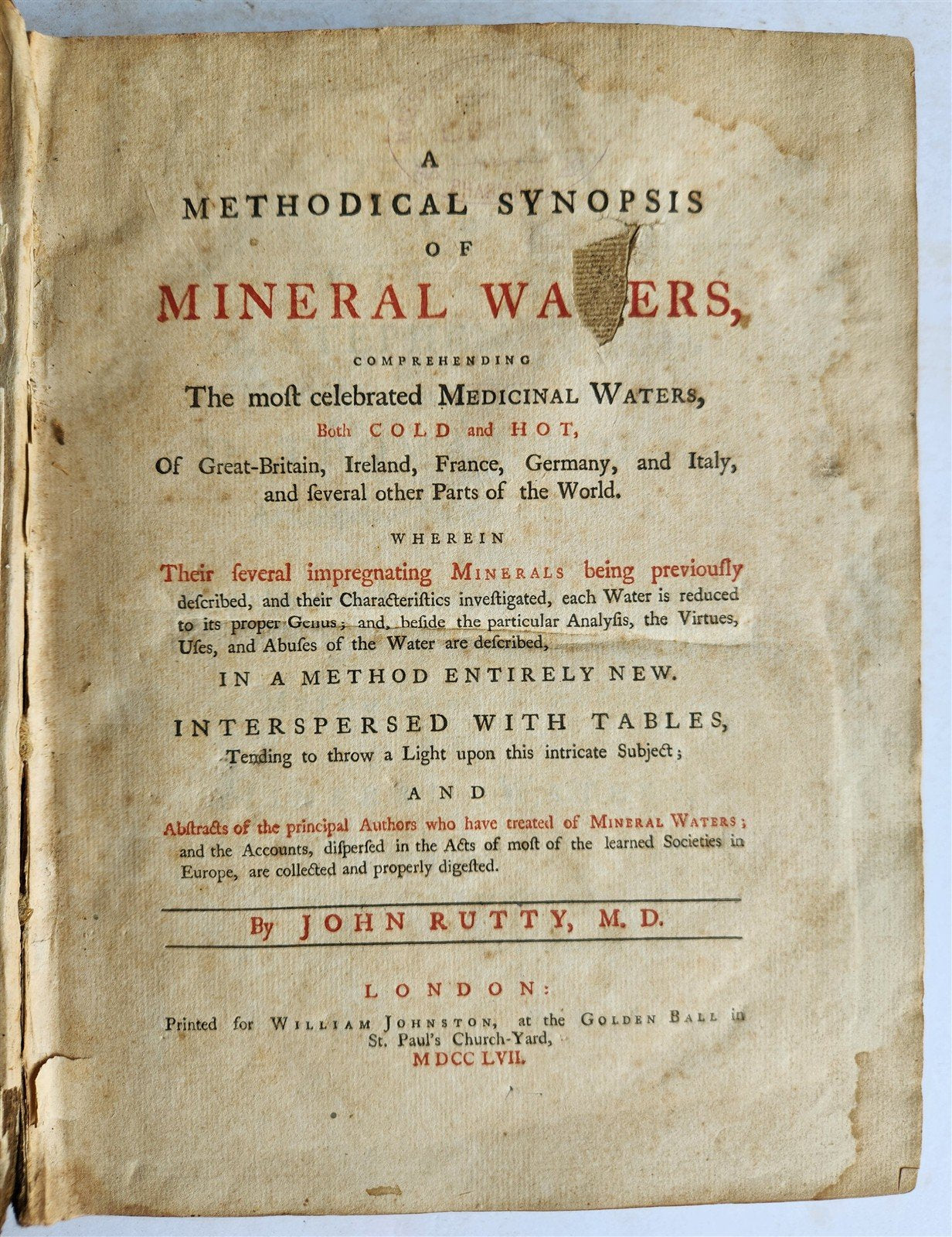 1757 METHODICAL SYNOPSIS of MINERAL WATERS by John Rutty antique in ENGLISH