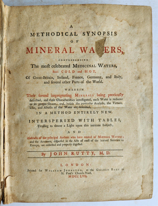 1757 METHODICAL SYNOPSIS of MINERAL WATERS by John Rutty antique in ENGLISH