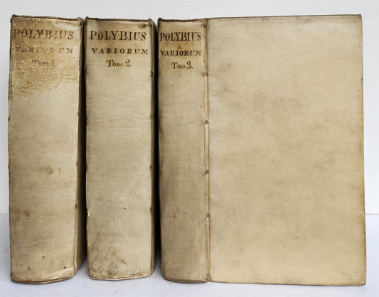 1670 HISTORY by POLYBIUS antique 3 VOLUMES VELLUM BINDING in LATIN & GREEK