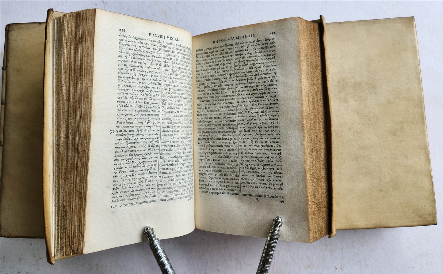 1670 HISTORY by POLYBIUS antique 3 VOLUMES VELLUM BINDING in LATIN & GREEK