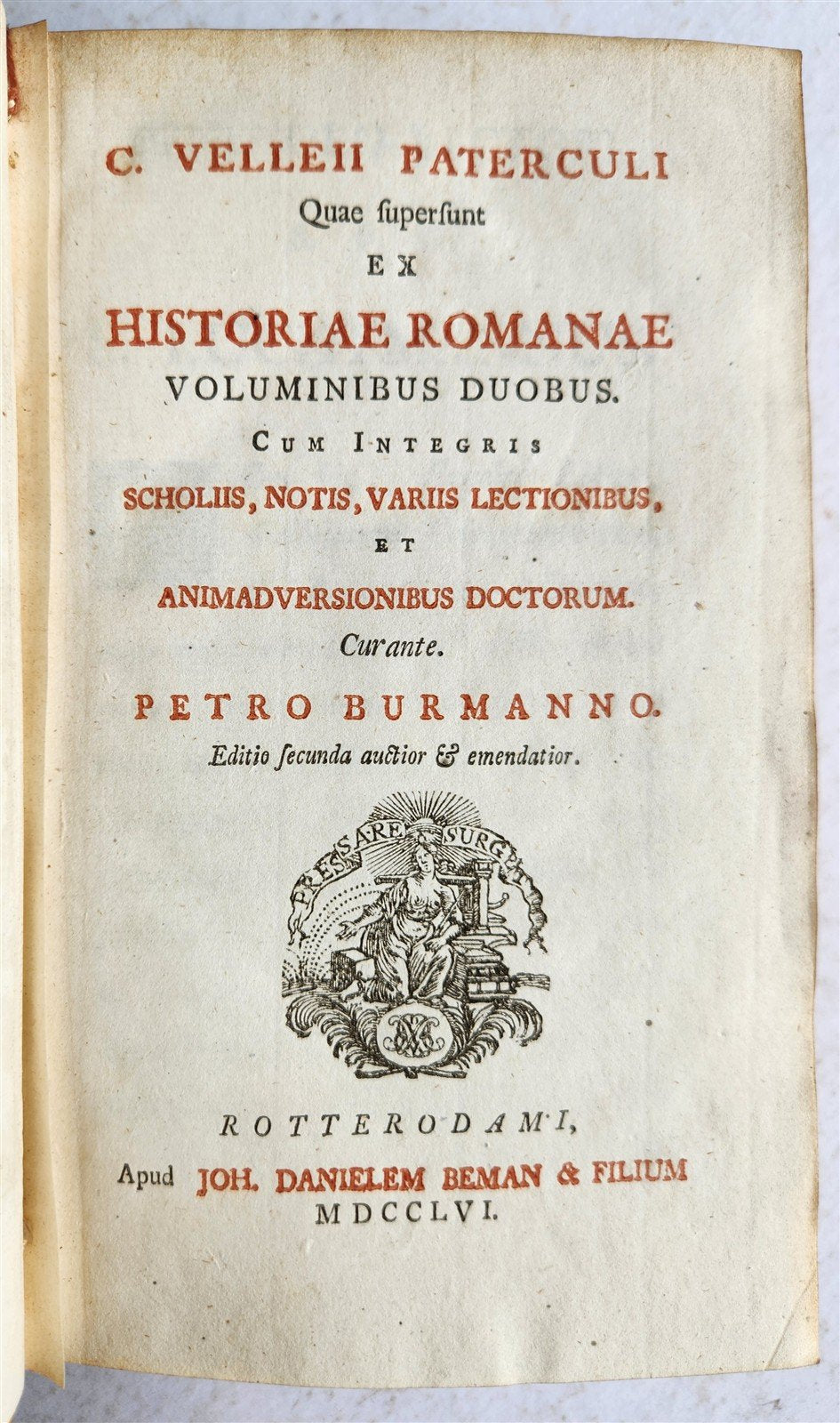 1756 ROMAN HISTORY by V. Paterculi antique VELLUM PRIZE BINDING w/ COAT OF ARMS