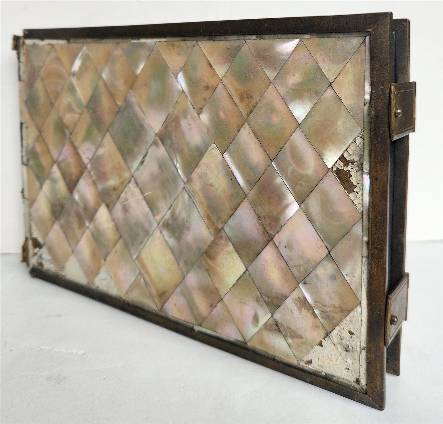 PHOTO ALBUM w/ MOTHER OF PEARL COVERS BRASS FRAME & CLASPS antique 19th CENTURY