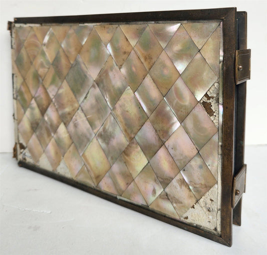 PHOTO ALBUM w/ MOTHER OF PEARL COVERS BRASS FRAME & CLASPS antique 19th CENTURY