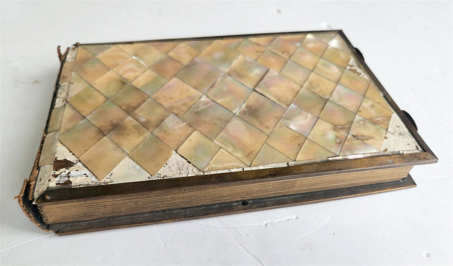 PHOTO ALBUM w/ MOTHER OF PEARL COVERS BRASS FRAME & CLASPS antique 19th CENTURY