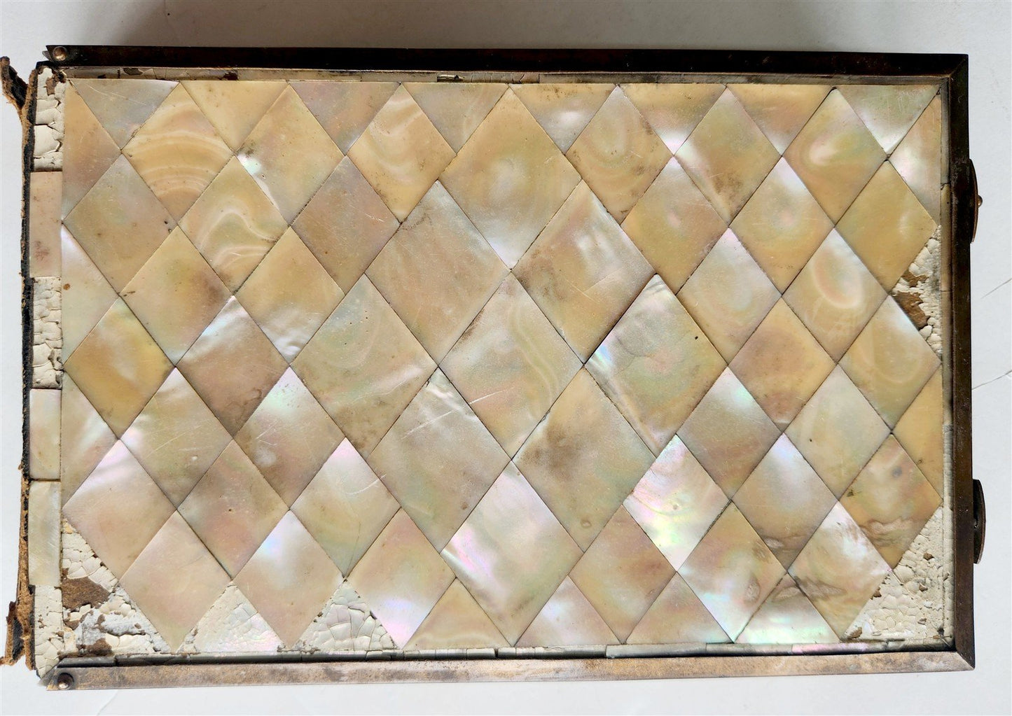 PHOTO ALBUM w/ MOTHER OF PEARL COVERS BRASS FRAME & CLASPS antique 19th CENTURY