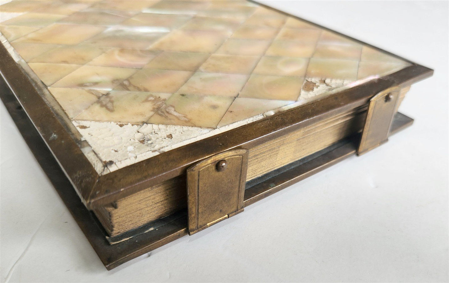PHOTO ALBUM w/ MOTHER OF PEARL COVERS BRASS FRAME & CLASPS antique 19th CENTURY