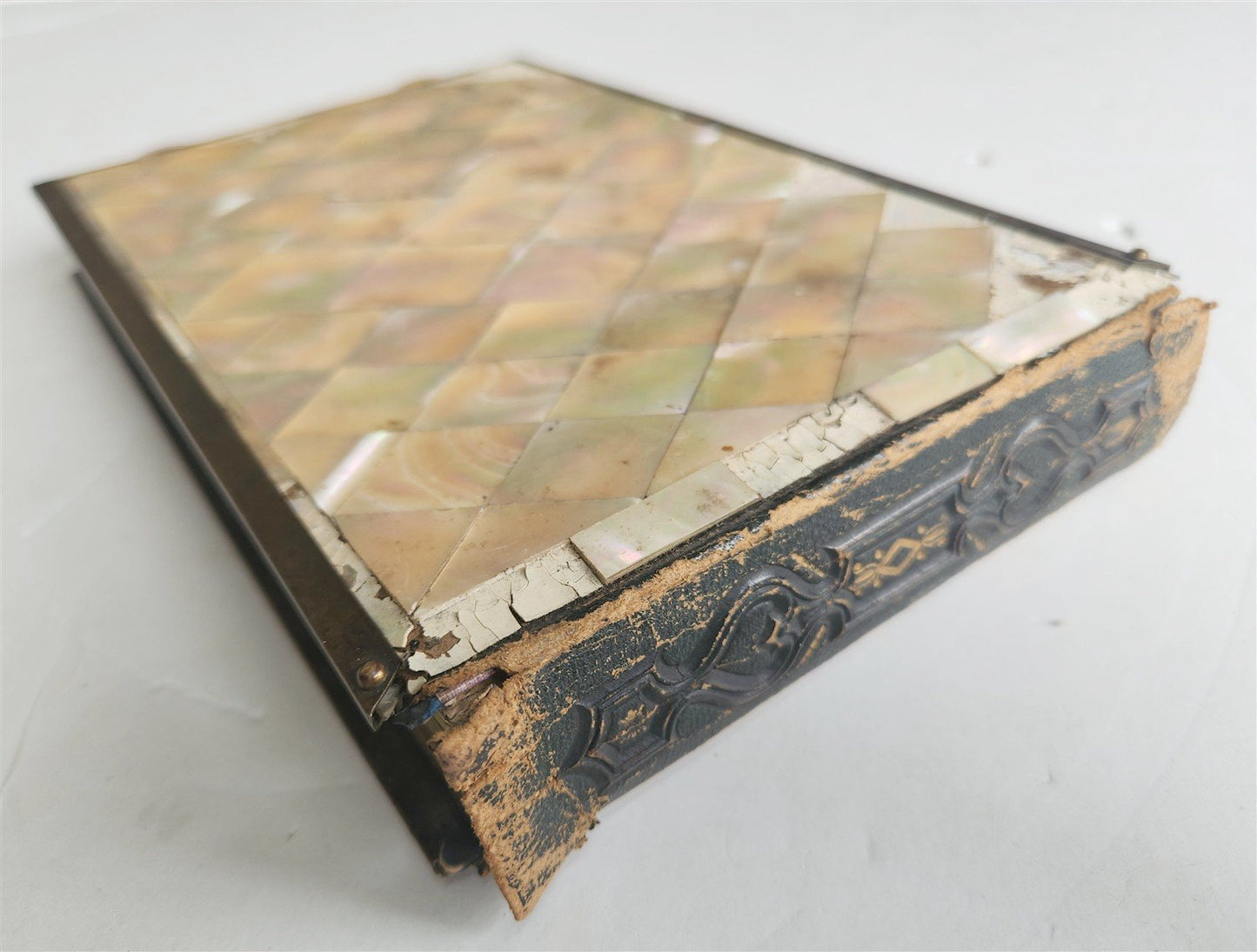 PHOTO ALBUM w/ MOTHER OF PEARL COVERS BRASS FRAME & CLASPS antique 19th CENTURY