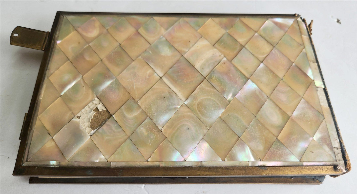 PHOTO ALBUM w/ MOTHER OF PEARL COVERS BRASS FRAME & CLASPS antique 19th CENTURY