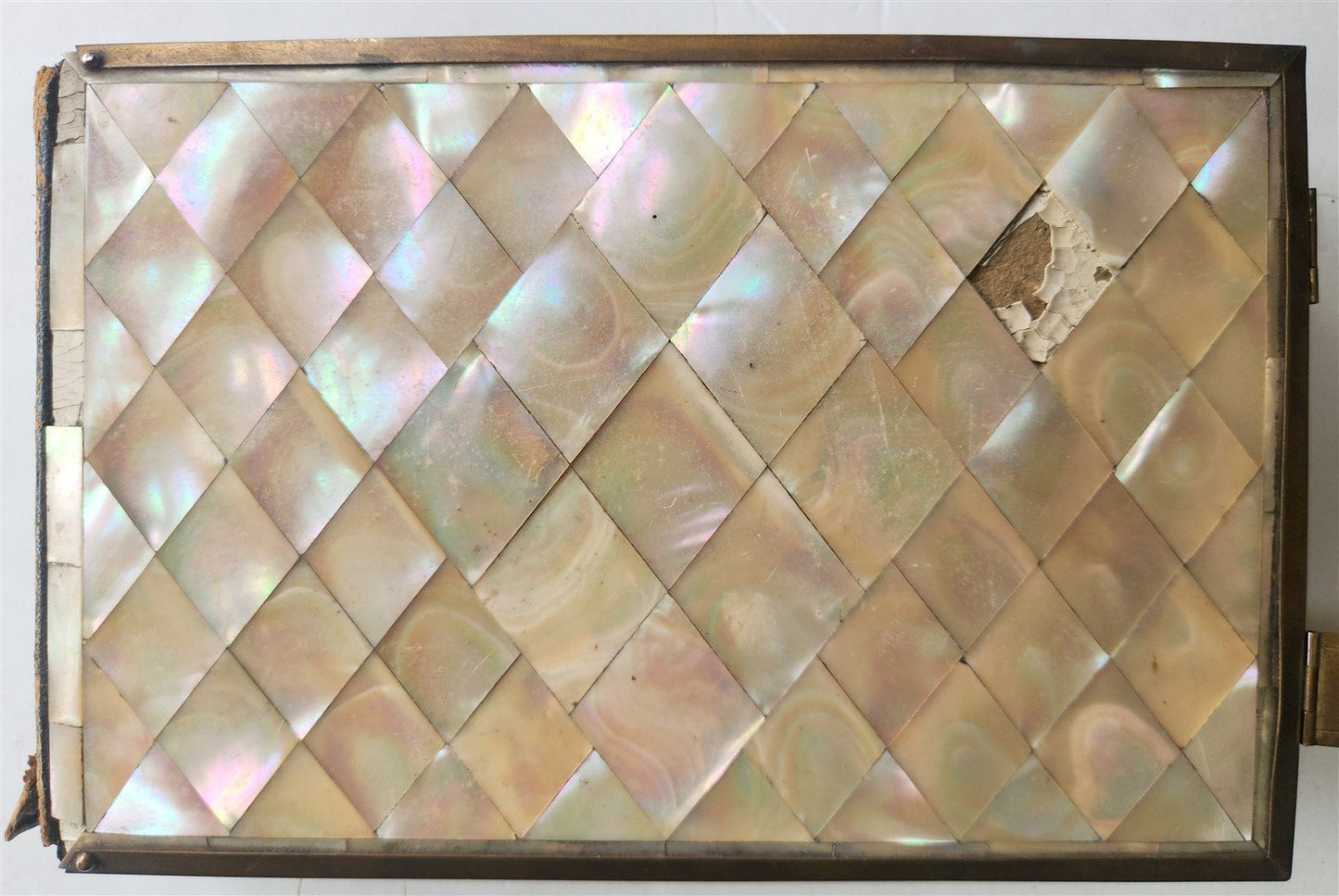 PHOTO ALBUM w/ MOTHER OF PEARL COVERS BRASS FRAME & CLASPS antique 19th CENTURY