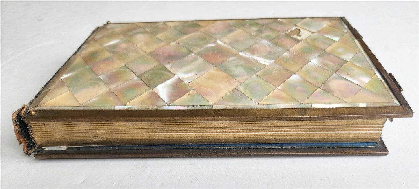 PHOTO ALBUM w/ MOTHER OF PEARL COVERS BRASS FRAME & CLASPS antique 19th CENTURY