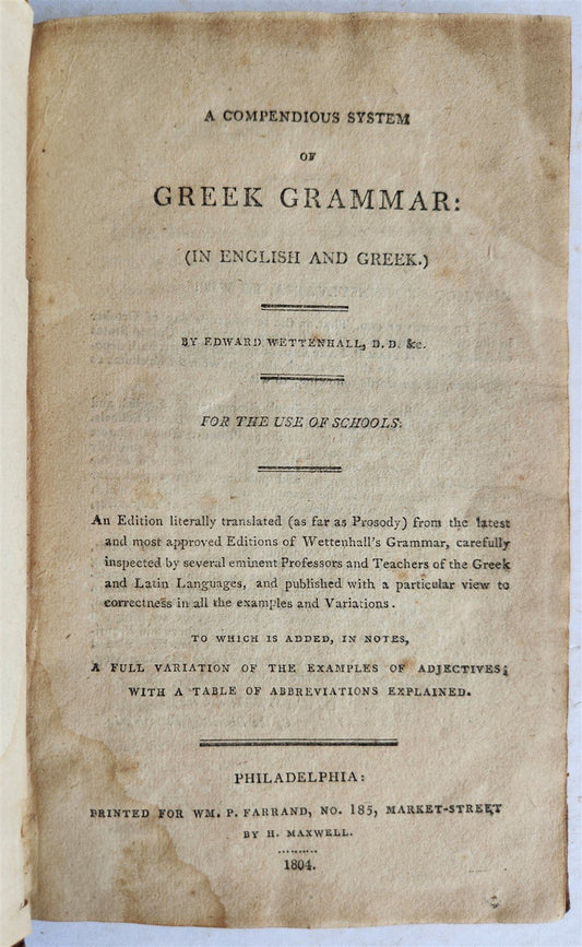 1804 GREEK GRAMMAR by Edward Wettenhall antique AMERICANA Philadelphia