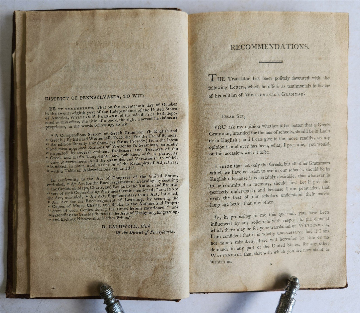 1804 GREEK GRAMMAR by Edward Wettenhall antique AMERICANA Philadelphia