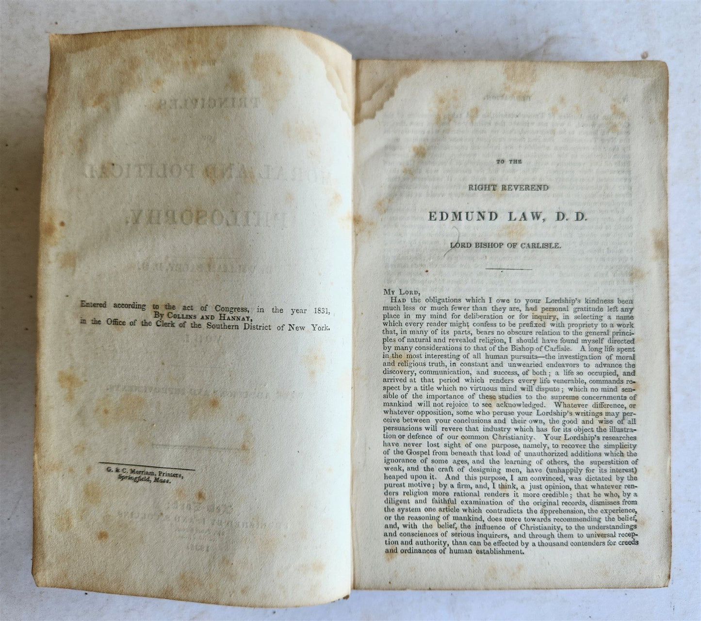 1835 PRINCIPLES of MORAL and POLITICAL PHILOSOPHY by W. Paley antique AMERICANA
