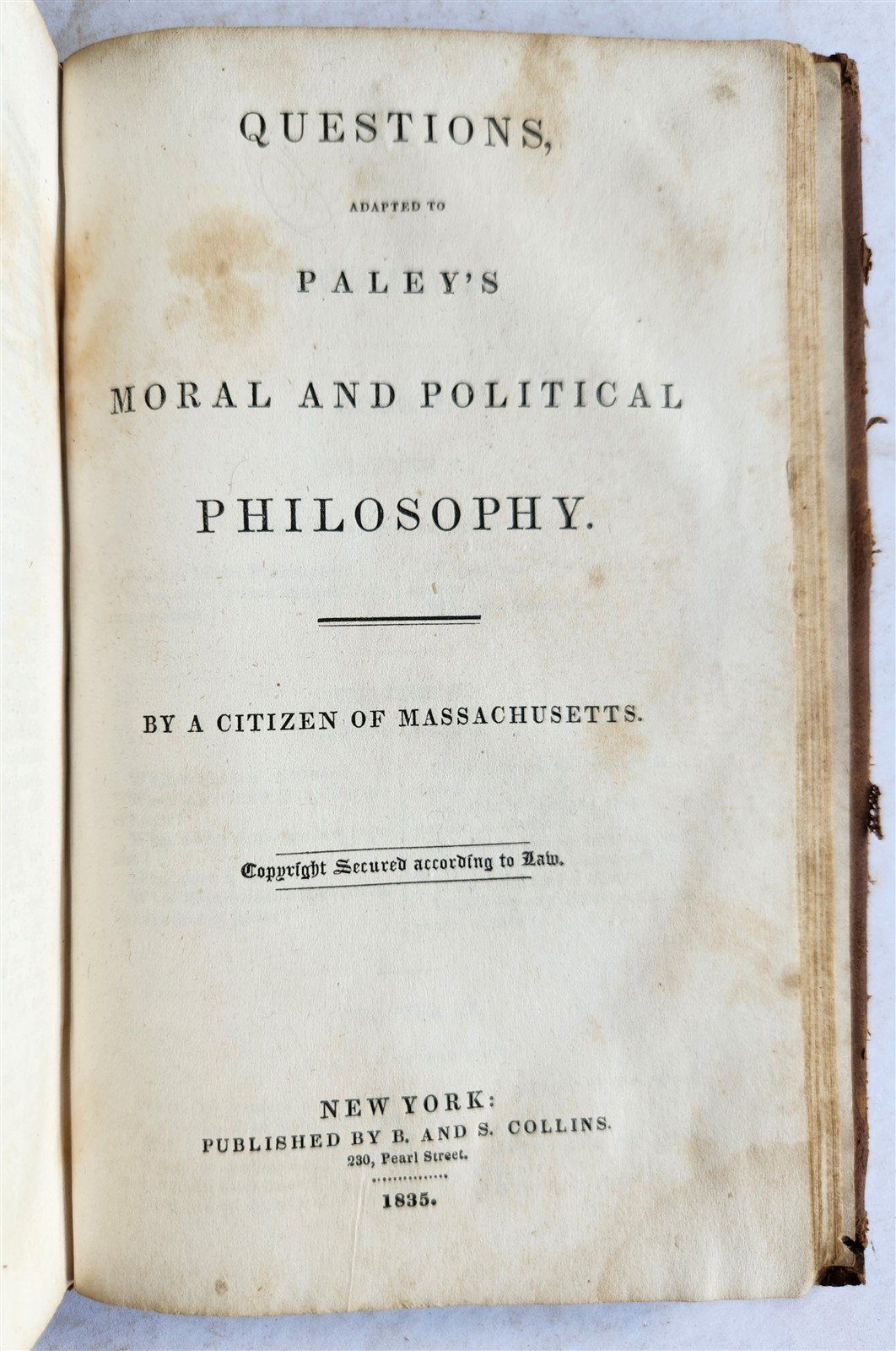1835 PRINCIPLES of MORAL and POLITICAL PHILOSOPHY by W. Paley antique AMERICANA