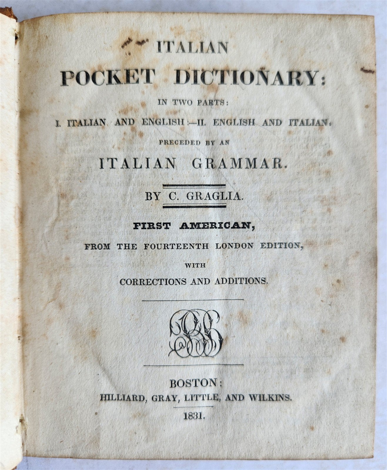 1831 ITALIAN ENGLISH POCKET DICTIONARY antique FIRST AMERICAN EDITION