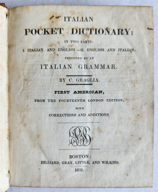 1831 ITALIAN ENGLISH POCKET DICTIONARY antique FIRST AMERICAN EDITION