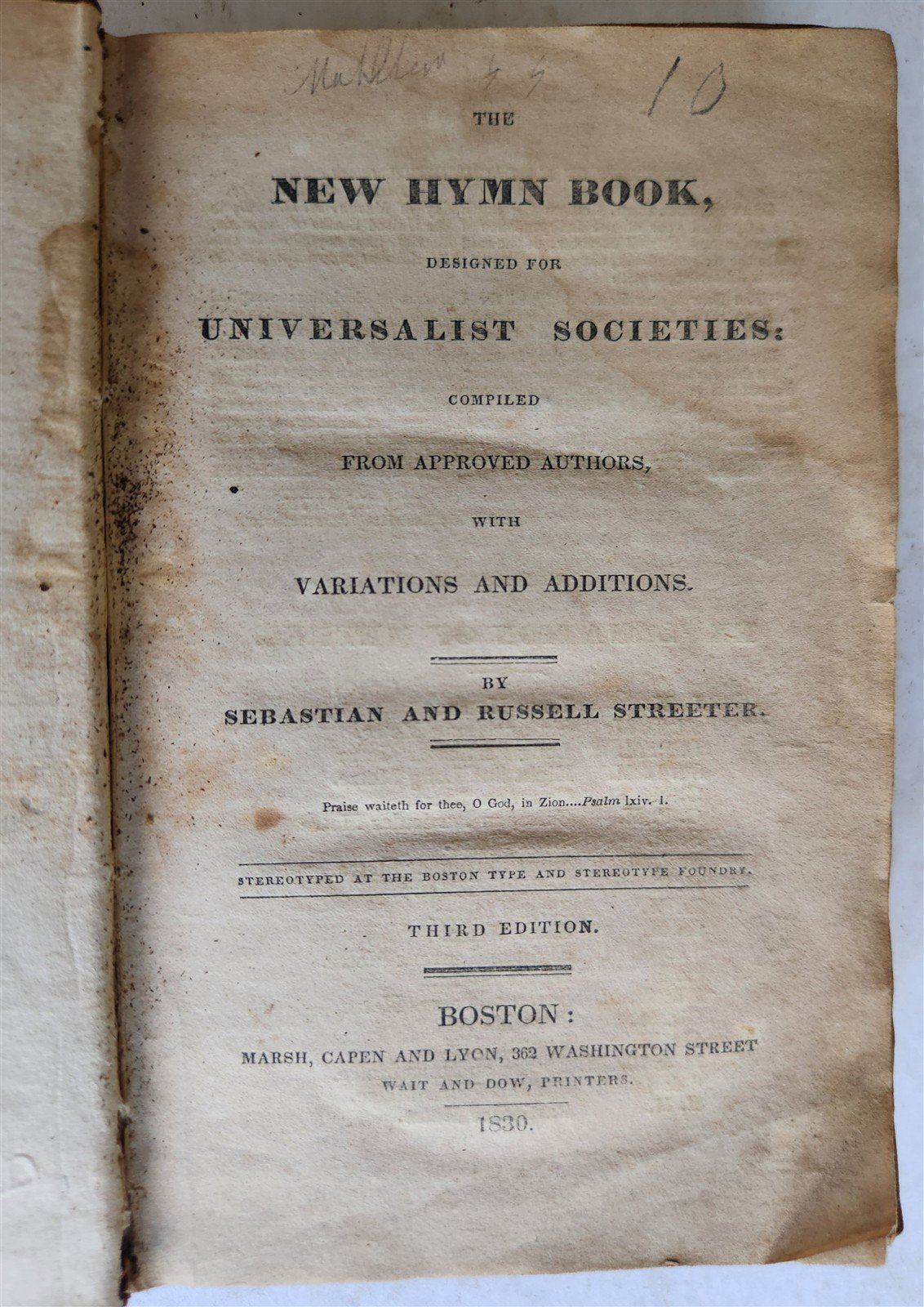1830 NEW HYMN BOOK for UNIVERSALIST SOCIETIES antique AMERICANA Boston