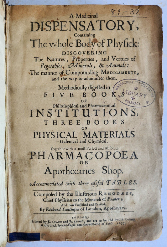 1657 MEDICINAL DISPENSATORY PHARMACOPOEA antique in ENGLISH