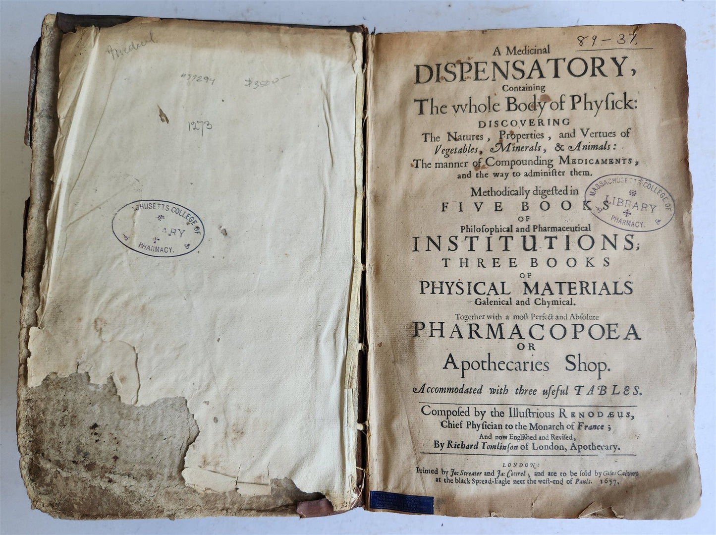 1657 MEDICINAL DISPENSATORY PHARMACOPOEA antique in ENGLISH