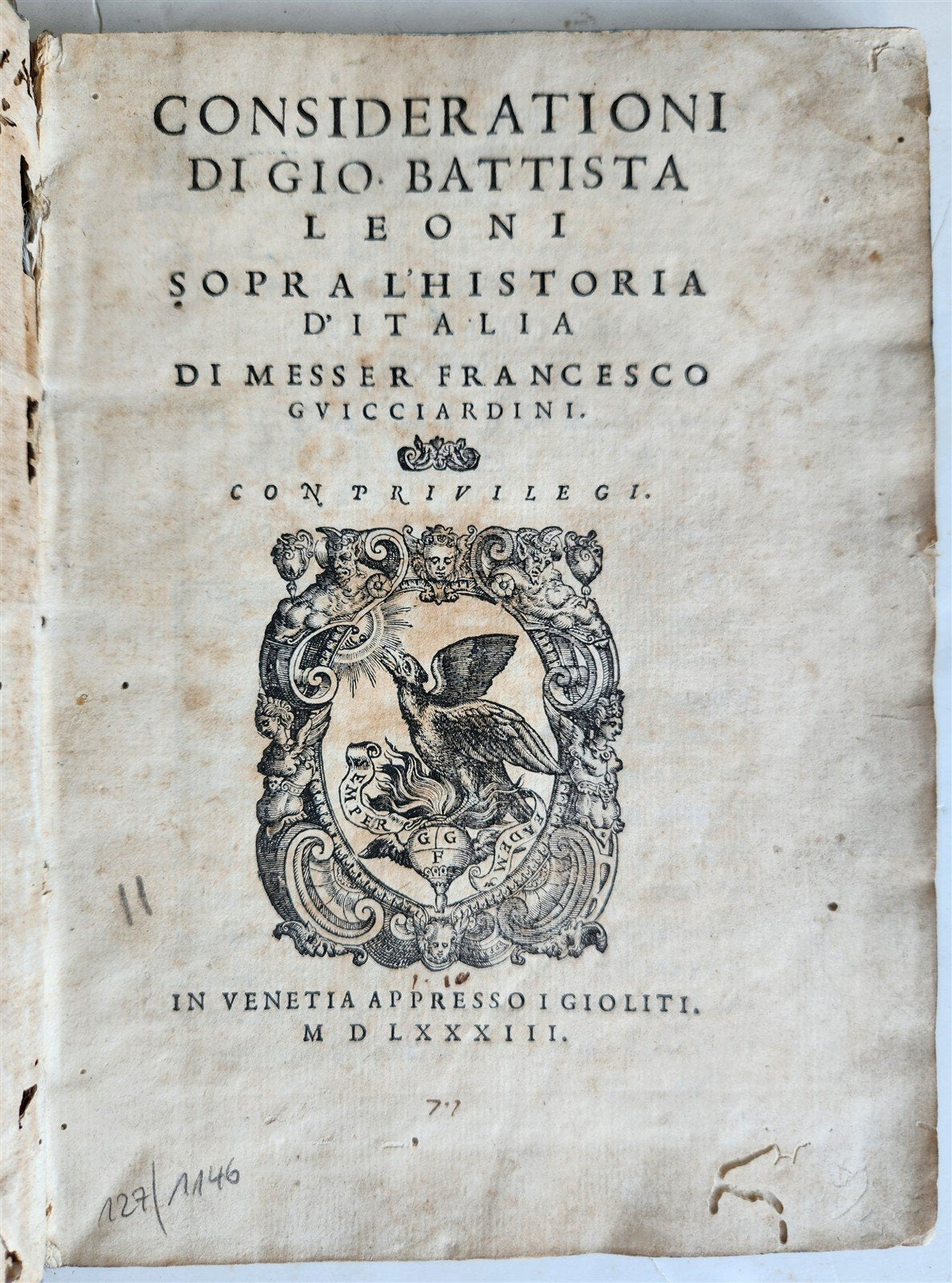 1583 HISTORY of ITALY di messer Francesco Guicciardini VELLUM BINDING antique