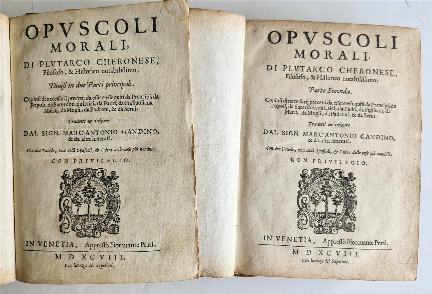 1598 PLUTARCH PHILOSOPHICAL WORK Opuscoli Morali 2 VOLUMES antique VELLUM BOUND