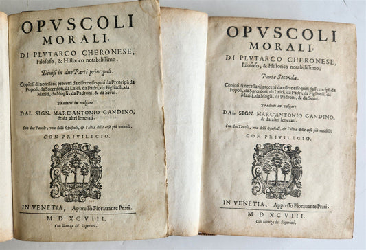 1598 PLUTARCH PHILOSOPHICAL WORK Opuscoli Morali 2 VOLUMES antique VELLUM BOUND