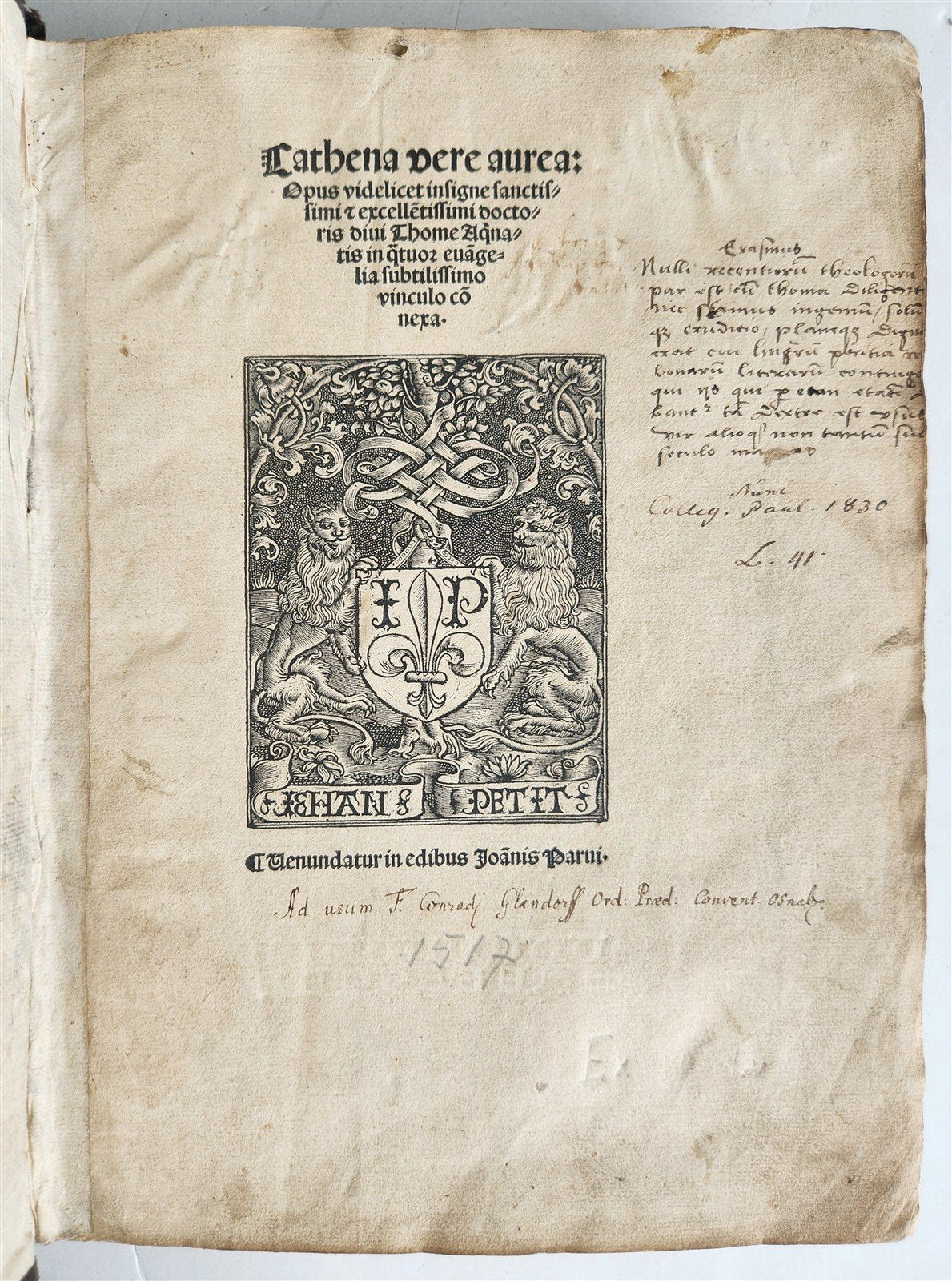 1517 POST-INCUNABULA by Th. Aquinas antique ORIGINAL BINDING FOLIO by Jean Petit