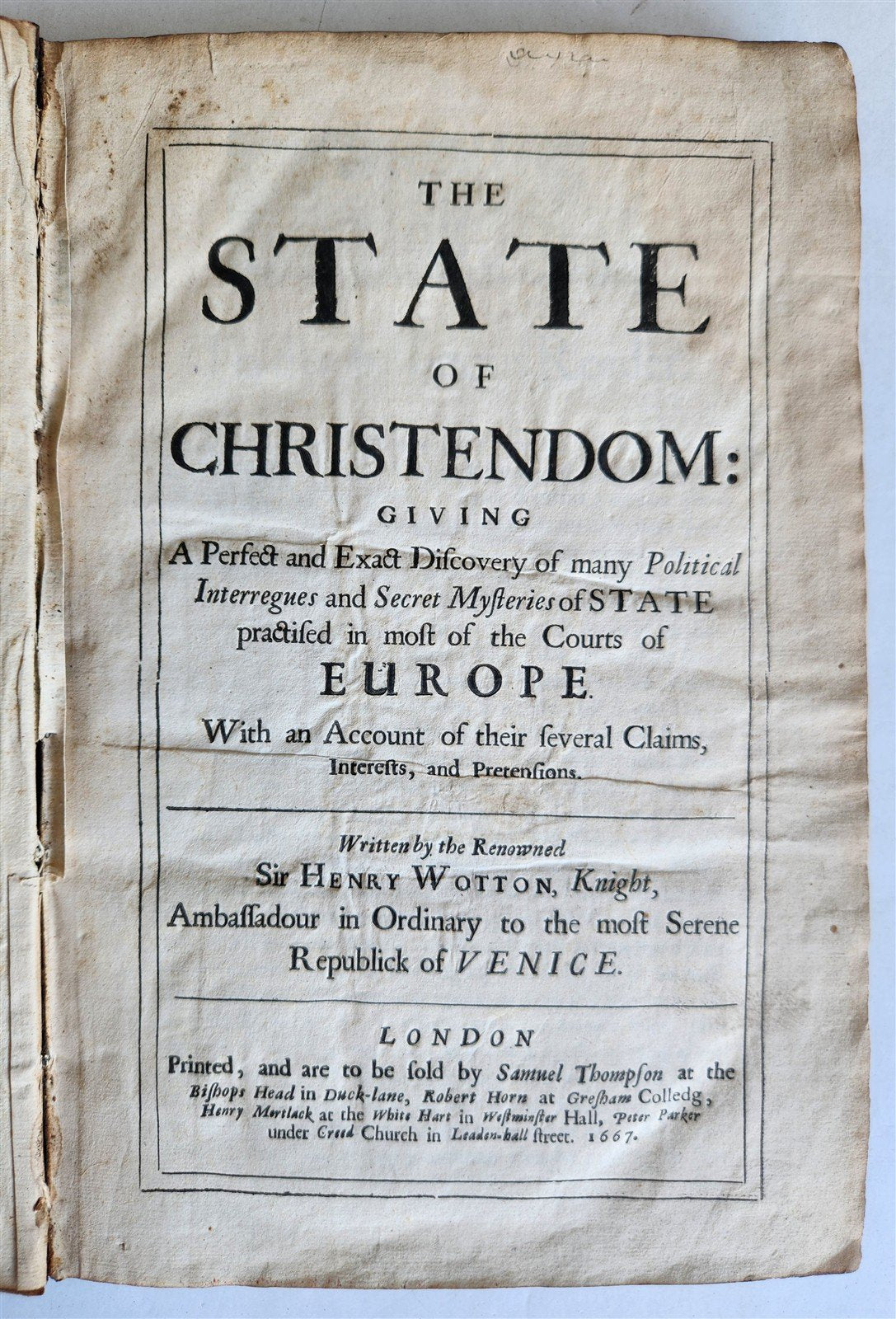 1667 The State of Christendom by Sir Henry Wotton antique 17th century