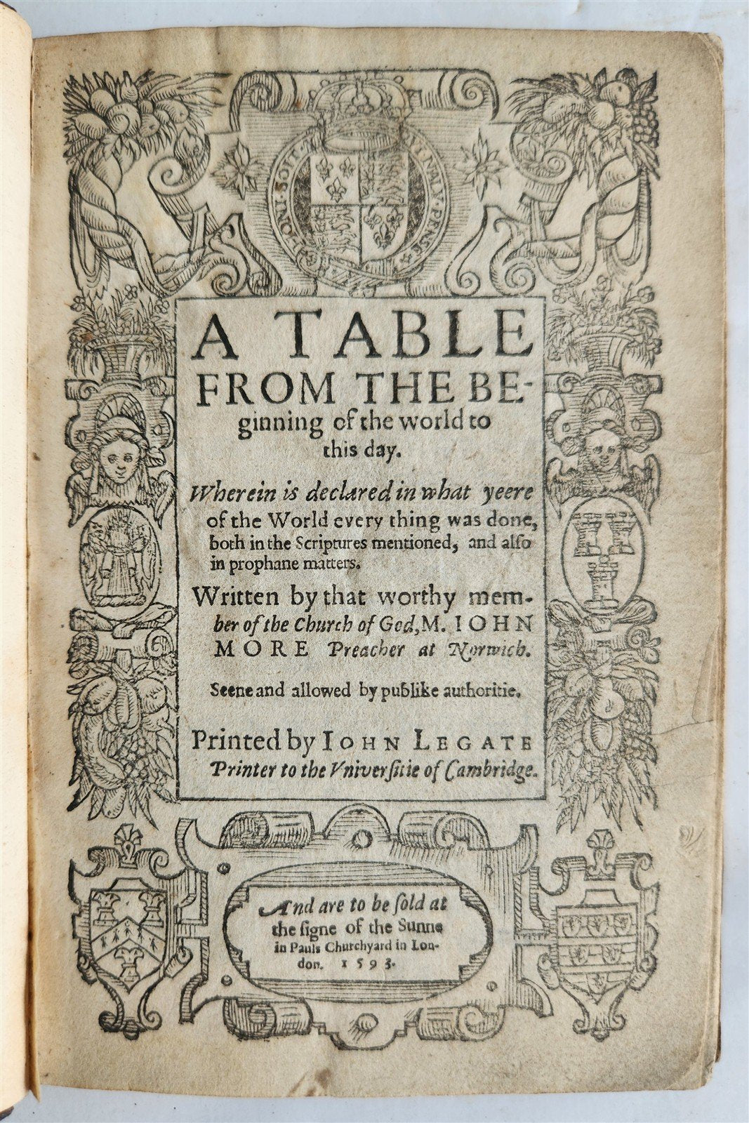 1593 HISTORY OF THE WORLD in ENGLISH by JOHN MORE antique RARE 1st EDITION