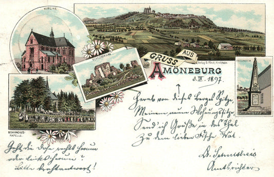 GRUSS AUS AMONEBURG GERMANY 1897 ANTIQUE POSTCARD