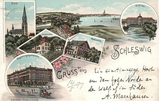GRUSS AUS SCHLESWIG GERMANY 1897 ANTIQUE POSTCARD