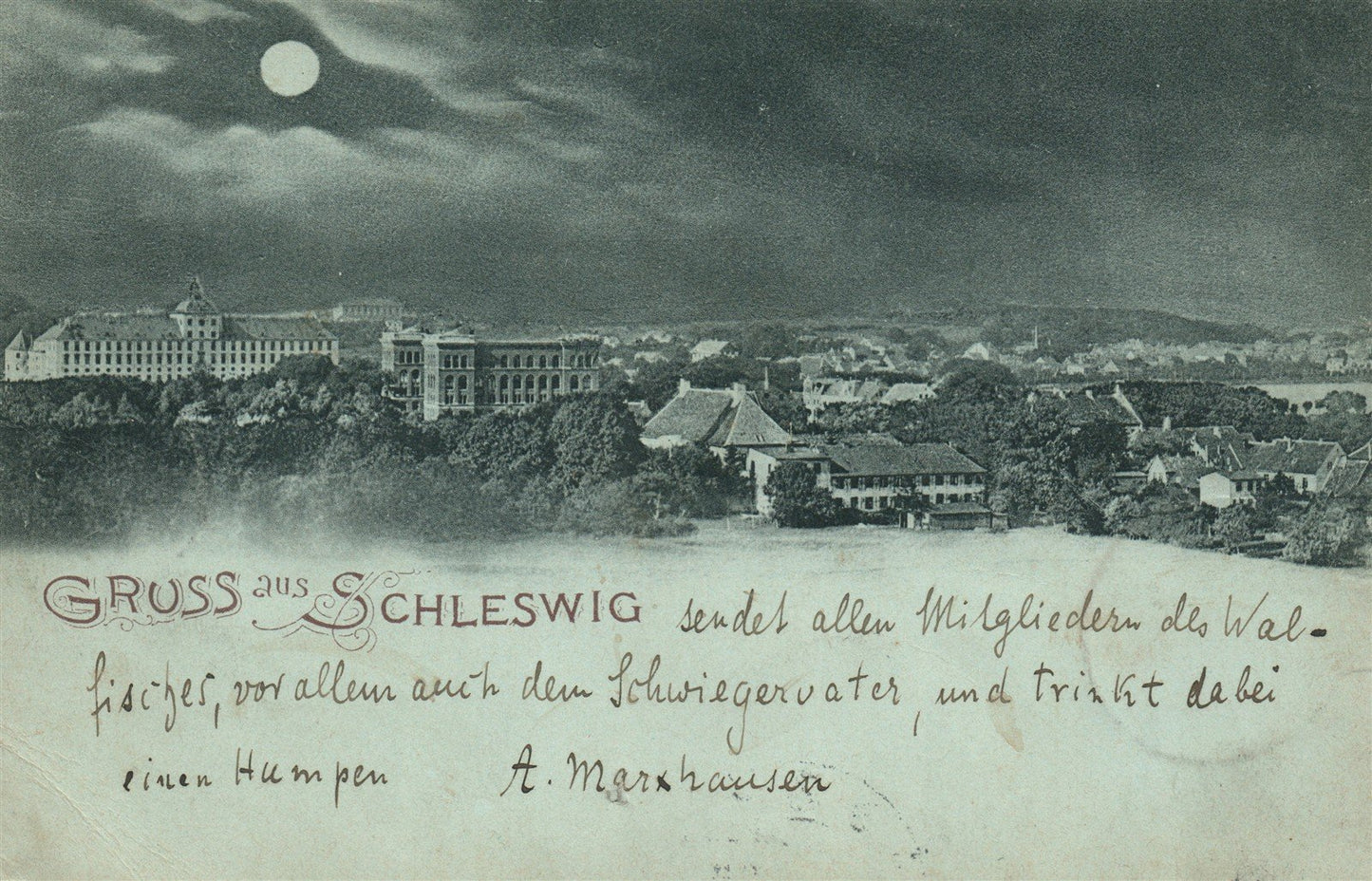 GRUSS AUS SCHLESWIG general view GERMANY 1897 ANTIQUE POSTCARD