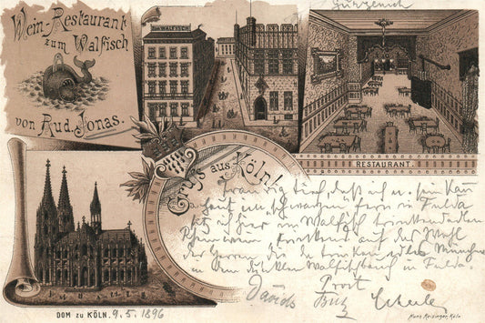 GRUSS KOLN GERMANY WIEN RESTAURANT zum WALFISCH von RUD.JONAS ANTIQUE POSTCARD