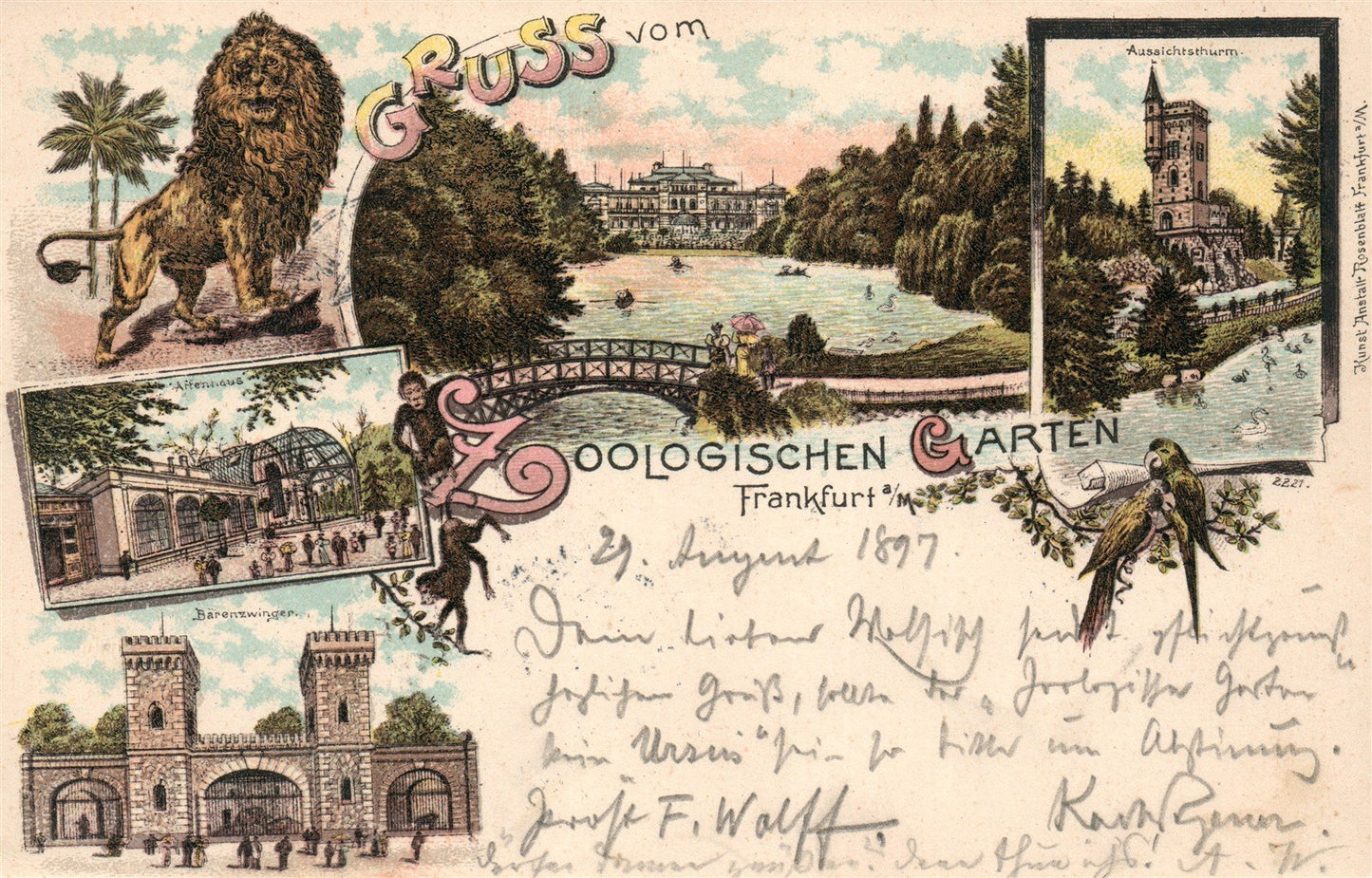 FRANKFURT ZOO GERMANY 1897 ANTIQUE POSTCARD