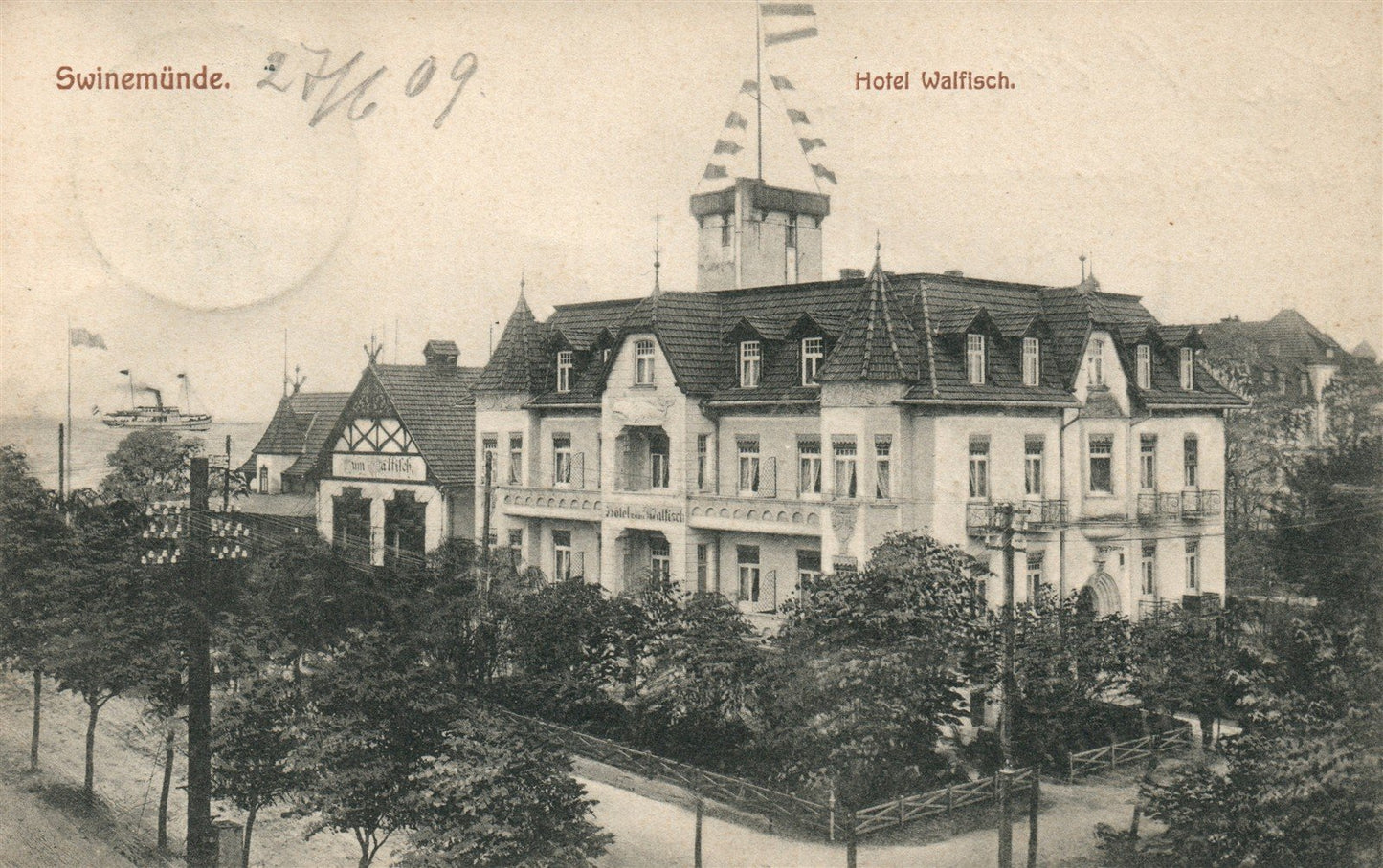 SWINEMUNDE HOTEL WALFISCH GERMANY 1909 ANTIQUE POSTCARD