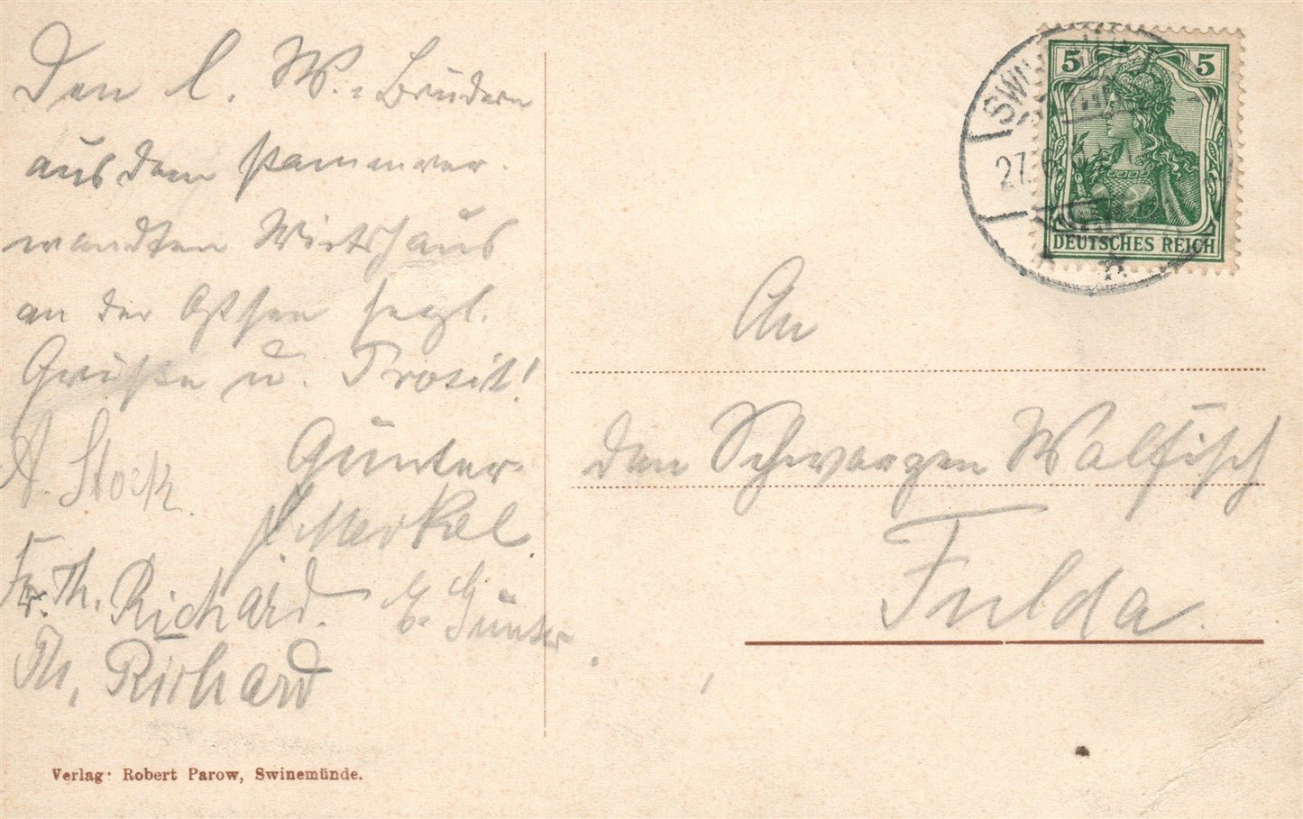 SWINEMUNDE HOTEL WALFISCH GERMANY 1909 ANTIQUE POSTCARD
