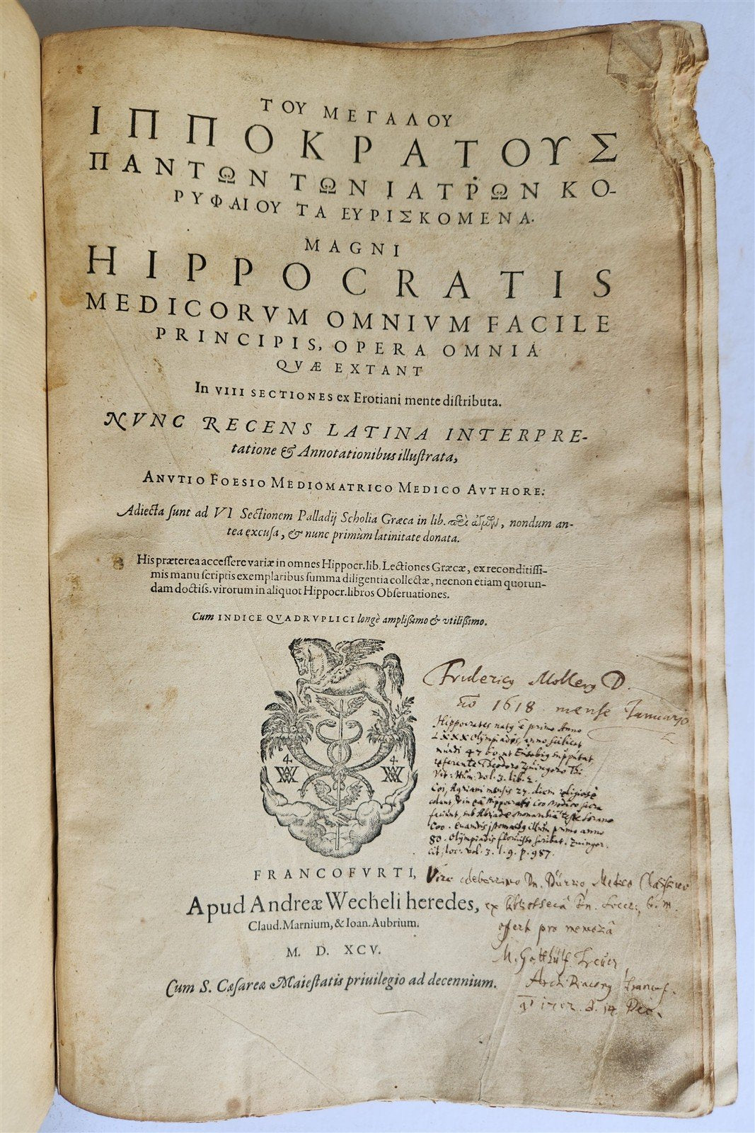 1595 HIPPOCRATES Opera Omnia antique 16th CENTURY FOLIO