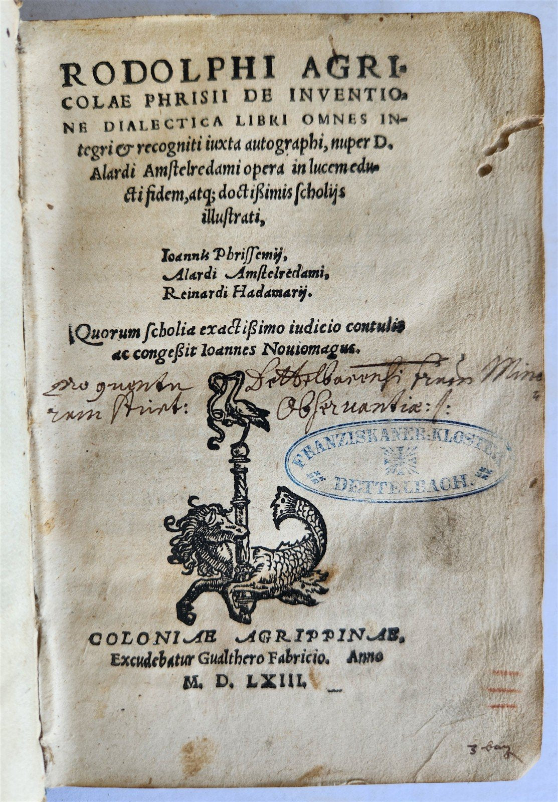 1563 RODOLPHI AGRICOLA Inventione Dialectica antique 16th century DATED PIGSKIN