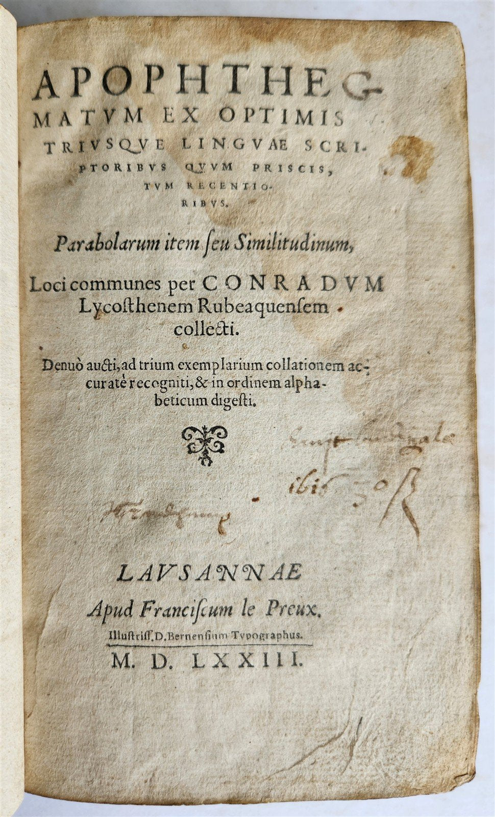 1573 APOPHTHEGMATA by encyclopedist Conrad Lycosthenes antique 16th cent BINDING