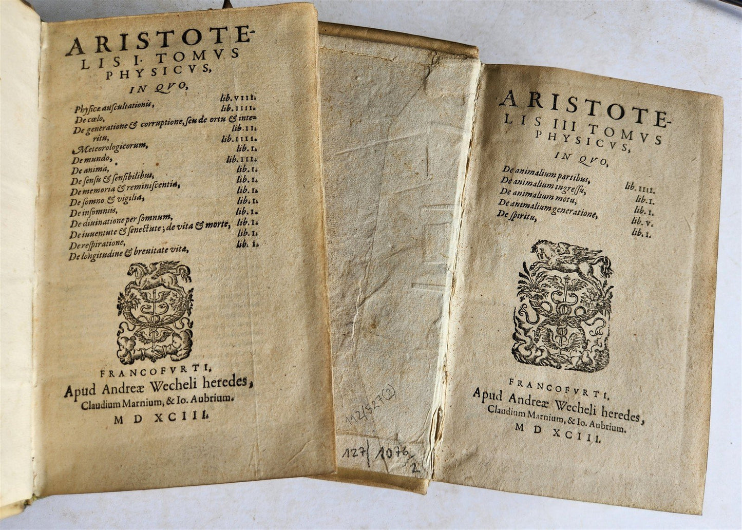1593 ARISTOTELIS Tomus Physicus 2 VOLUMES antique 16th century VELLUM BOUND