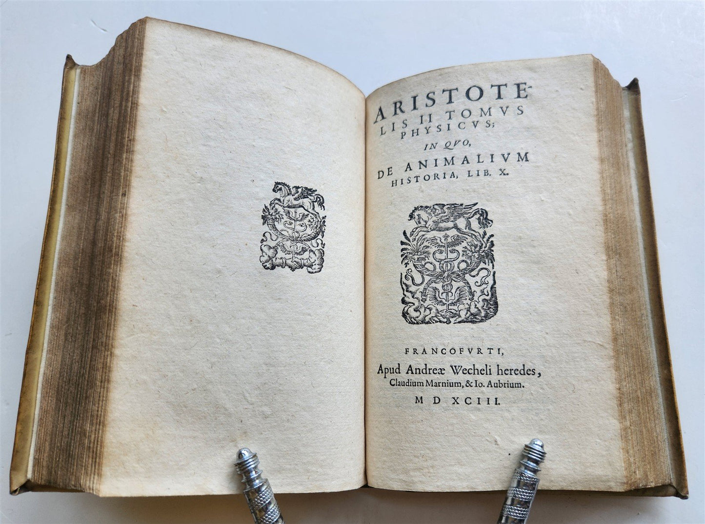 1593 ARISTOTELIS Tomus Physicus 2 VOLUMES antique 16th century VELLUM BOUND
