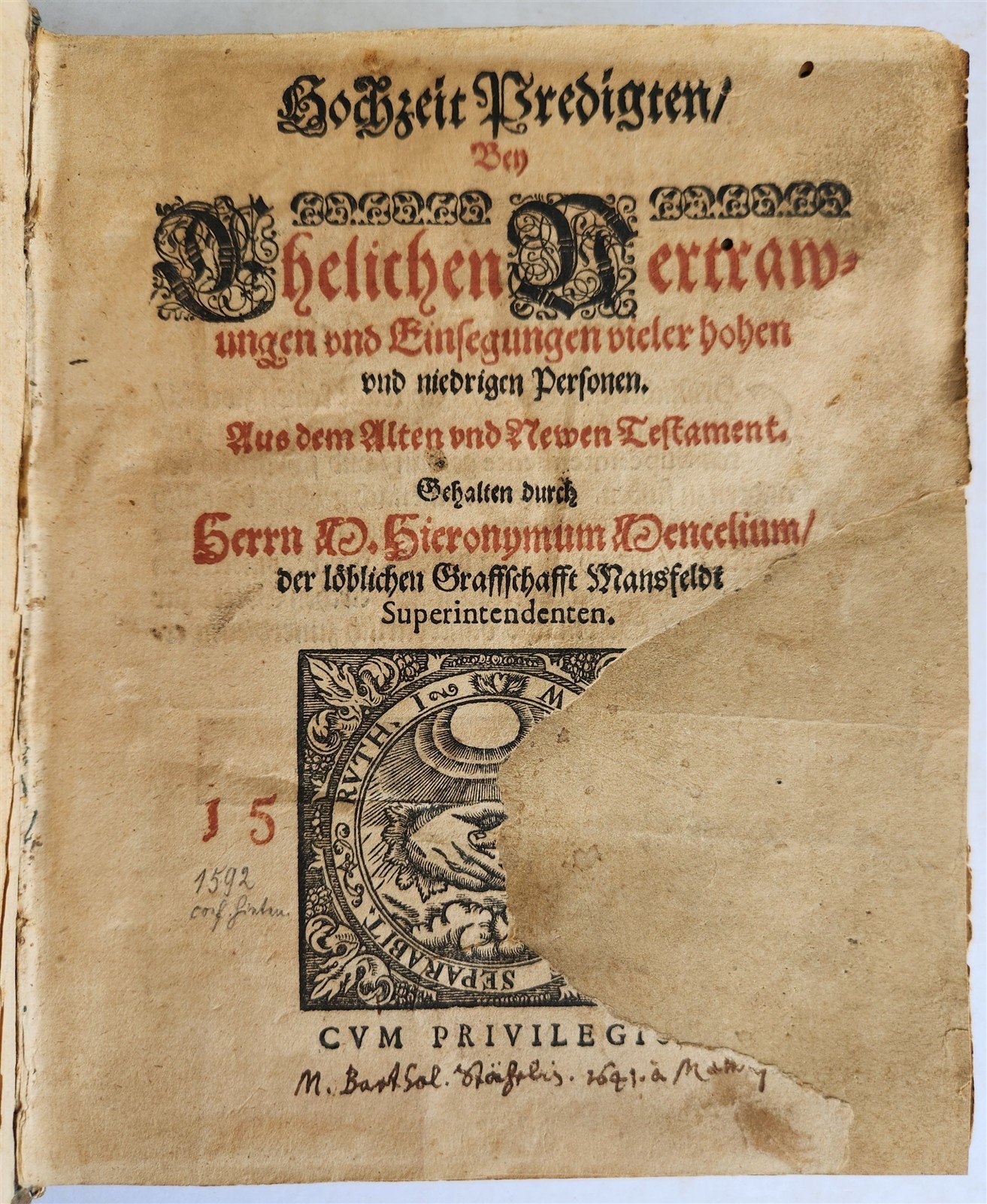 1592 GERMAN THEOLOGY by Hieronymus Mencel antique 16th century PIGSKIN BOUND