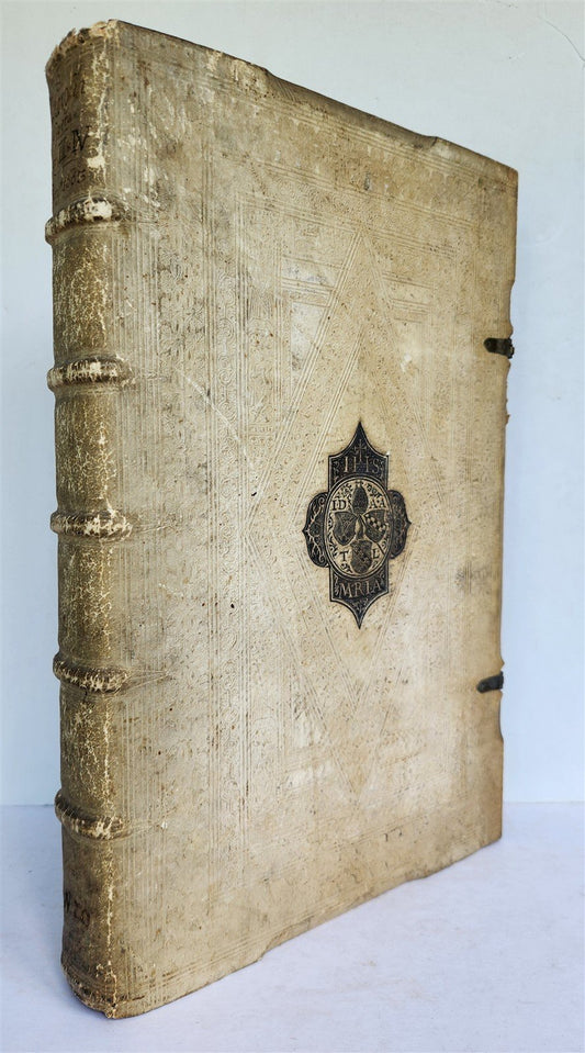 1603 SANCTI AMBROSII antique PIGSKIN BOUND FOLIO w/BISHOP'S COAT of ARMS Vol.3-4