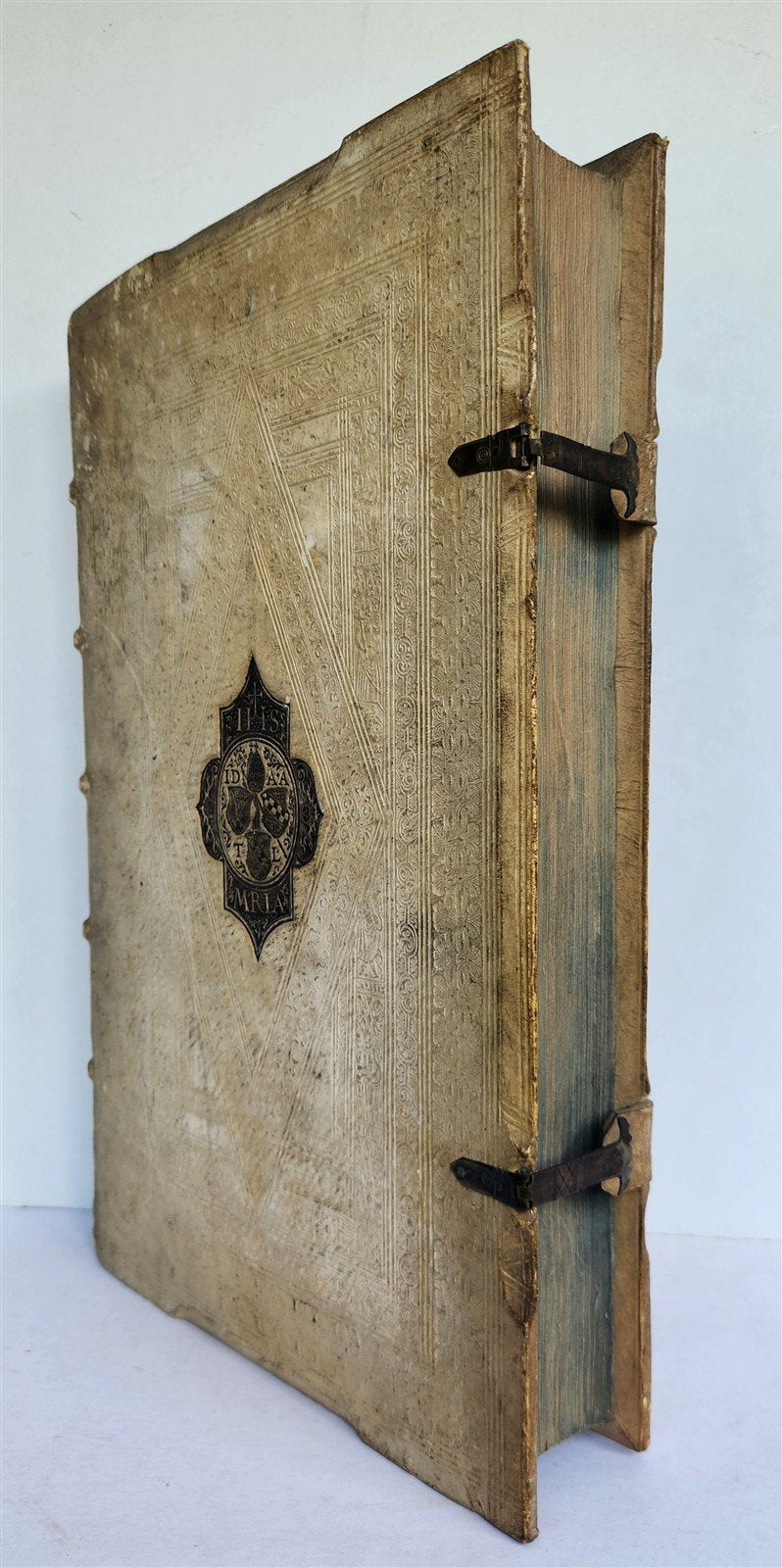 1603 SANCTI AMBROSII antique PIGSKIN BOUND FOLIO w/BISHOP'S COAT of ARMS Vol.3-4