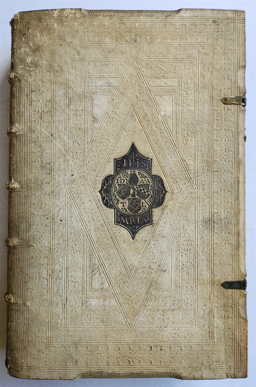 1603 SANCTI AMBROSII antique PIGSKIN BOUND FOLIO w/BISHOP'S COAT of ARMS Vol.3-4